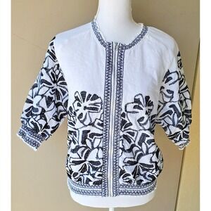 Chicos 100% Linen Jacket Womens Medium White Black Embroidered Zip Smocked
